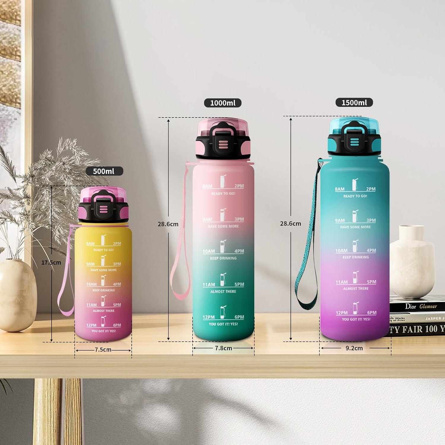 image:imageKollyKolla Bouteille 1L Gourde Sport avec Paille Gourde Grande Marqueur de Temps Reutilisable Bouteille deau tanche pour Running Fitness Yoga Bureau Gym50oz1500ml Paille Vert Rose Clair