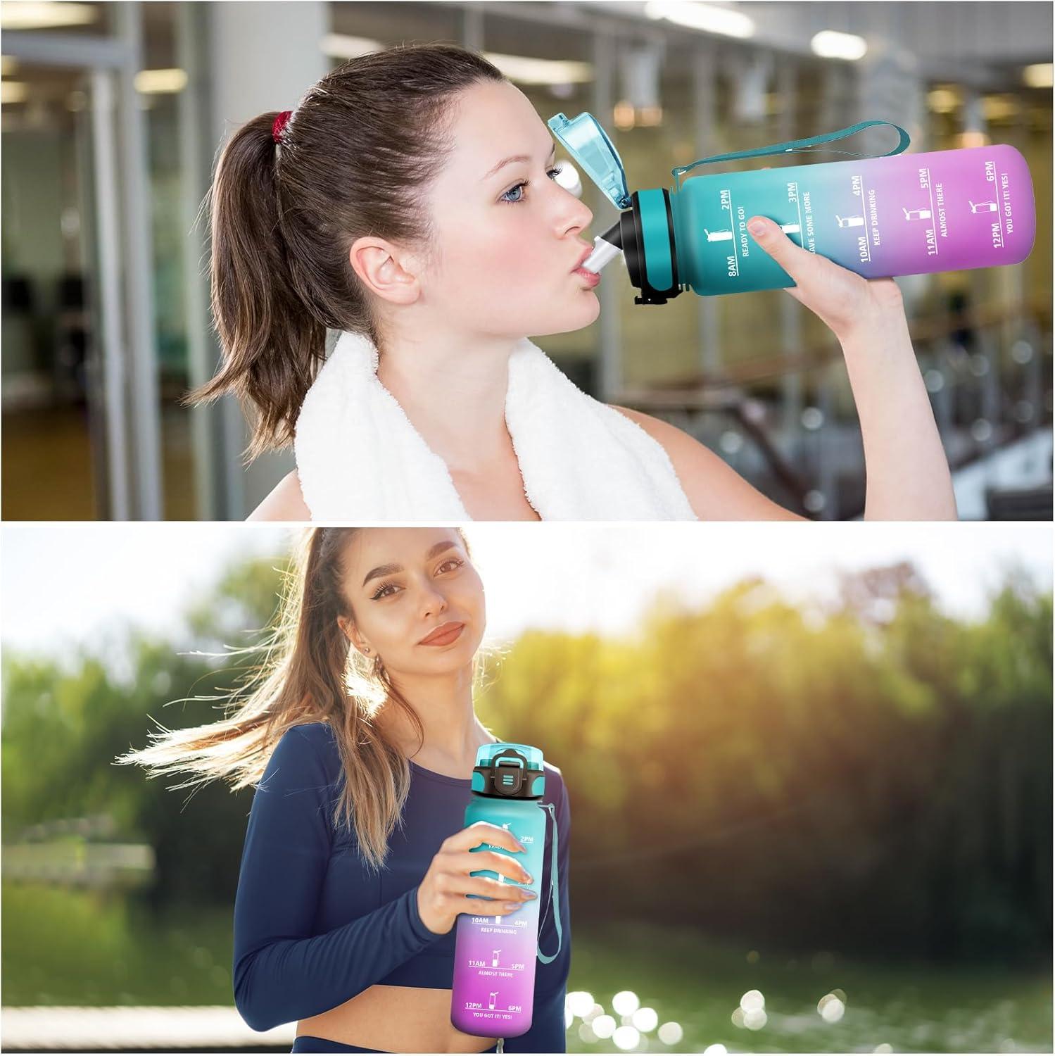 image:imageKollyKolla Bouteille 1L Gourde Sport avec Paille Gourde Grande Marqueur de Temps Reutilisable Bouteille deau tanche pour Running Fitness Yoga Bureau Gym32oz1000ml Paille Vert Rose Clair