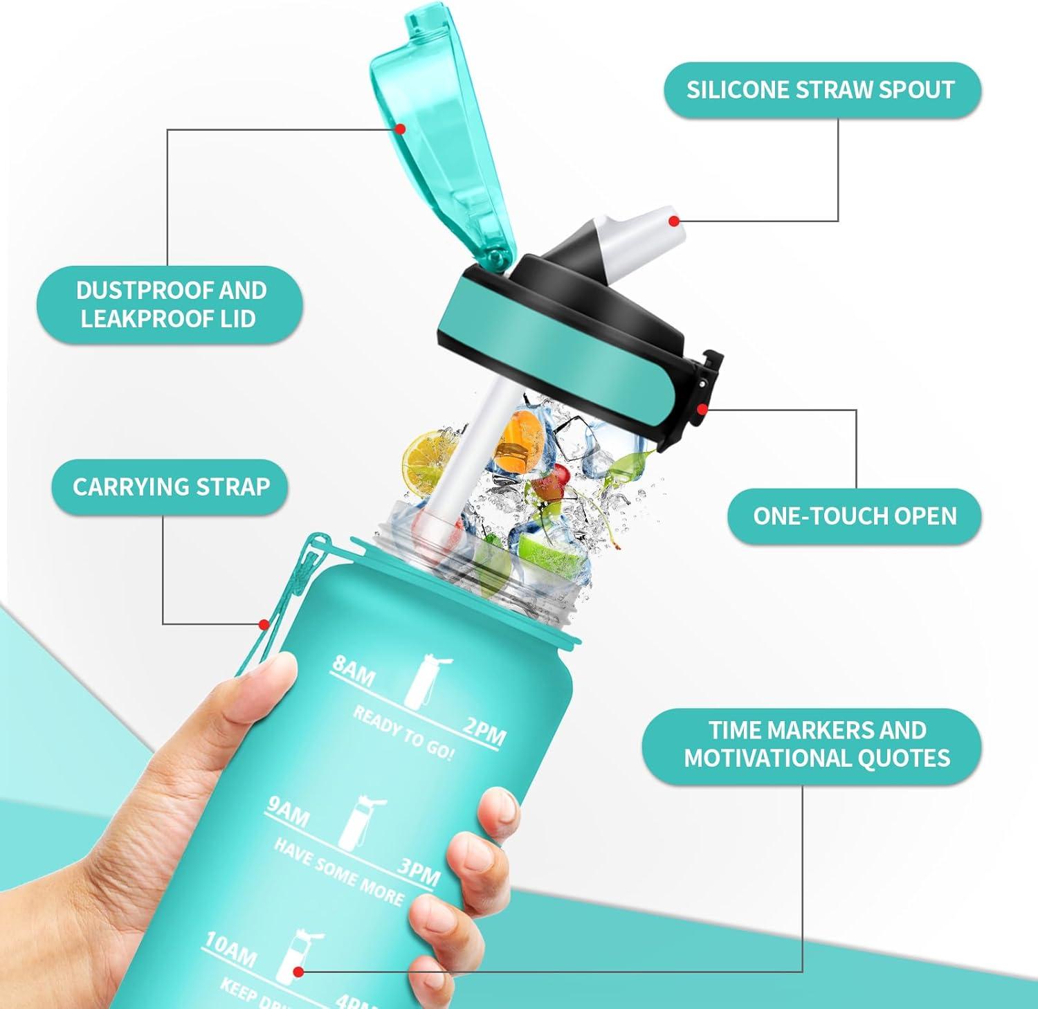 image:imageKollyKolla Bouteille 1L Gourde Sport avec Paille Gourde Grande Marqueur de Temps Reutilisable Bouteille deau tanche pour Running Fitness Yoga Bureau Gym32oz1000ml Paille Mat Bleuvert