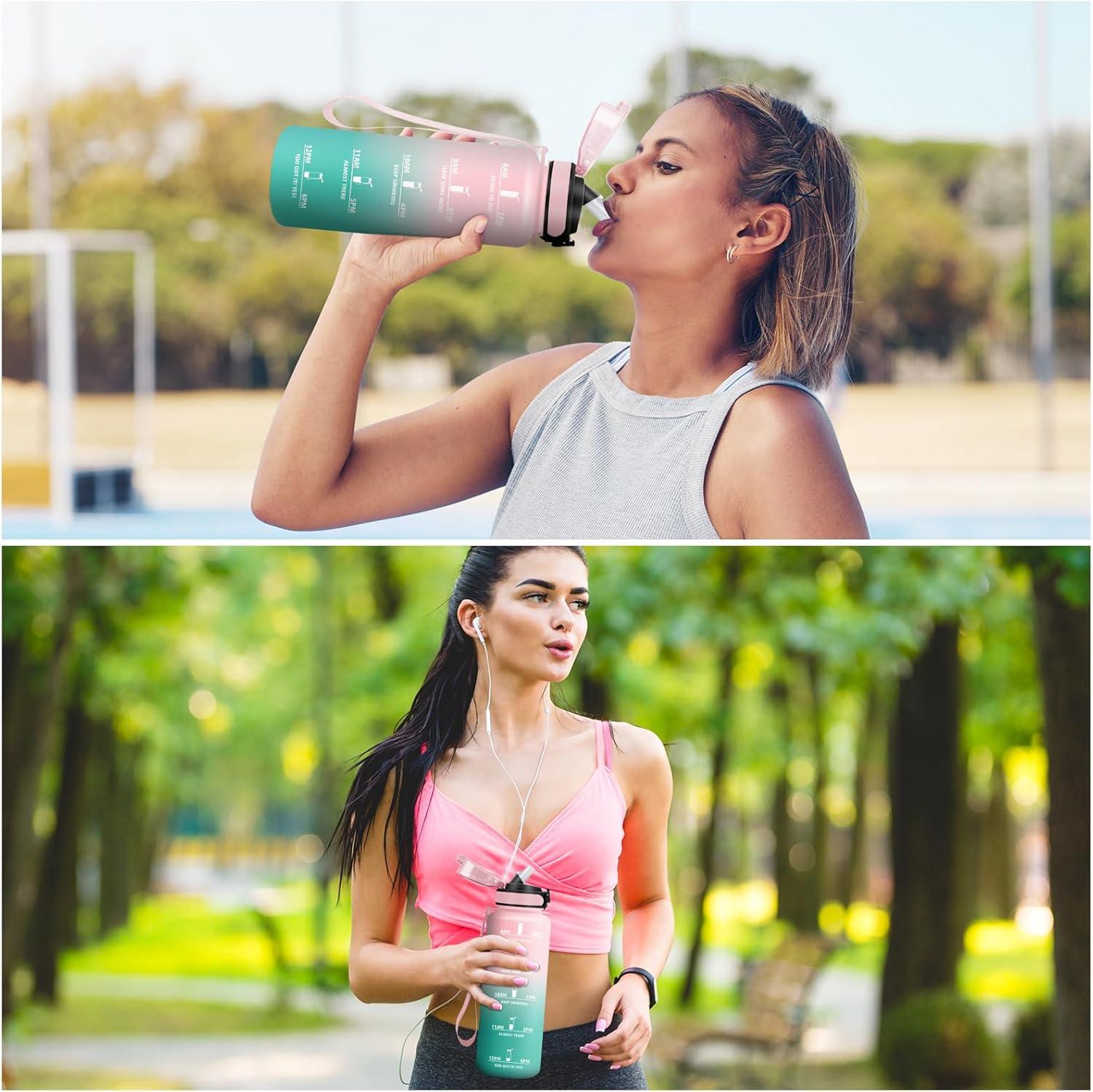 image:imageKollyKolla Bouteille 1L Gourde Sport avec Paille Gourde Grande Marqueur de Temps Reutilisable Bouteille deau tanche pour Running Fitness Yoga Bureau Gym50oz1500ml Paille Rose Cyan