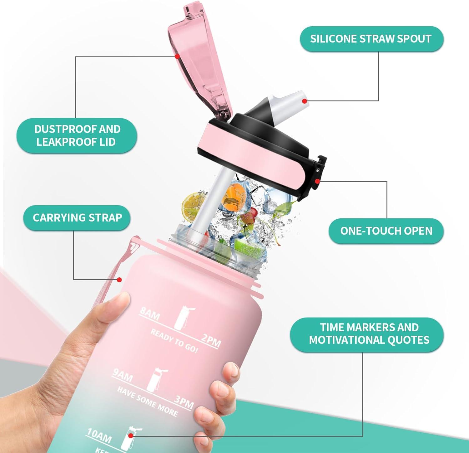 image:imageKollyKolla Bouteille 1L Gourde Sport avec Paille Gourde Grande Marqueur de Temps Reutilisable Bouteille deau tanche pour Running Fitness Yoga Bureau Gym50oz1500ml Paille Rose Cyan