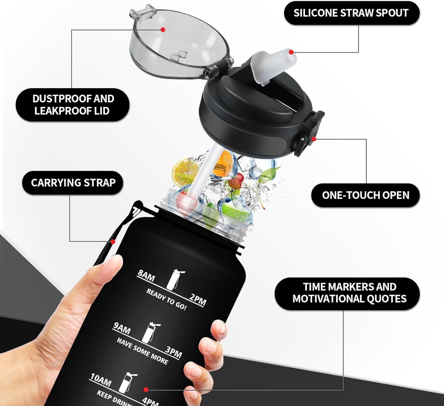 image:imageKollyKolla Bouteille 1L Gourde Sport avec Paille Gourde Grande Marqueur de Temps Reutilisable Bouteille deau tanche pour Running Fitness Yoga Bureau Gym50oz1500ml Paille Mat Noir