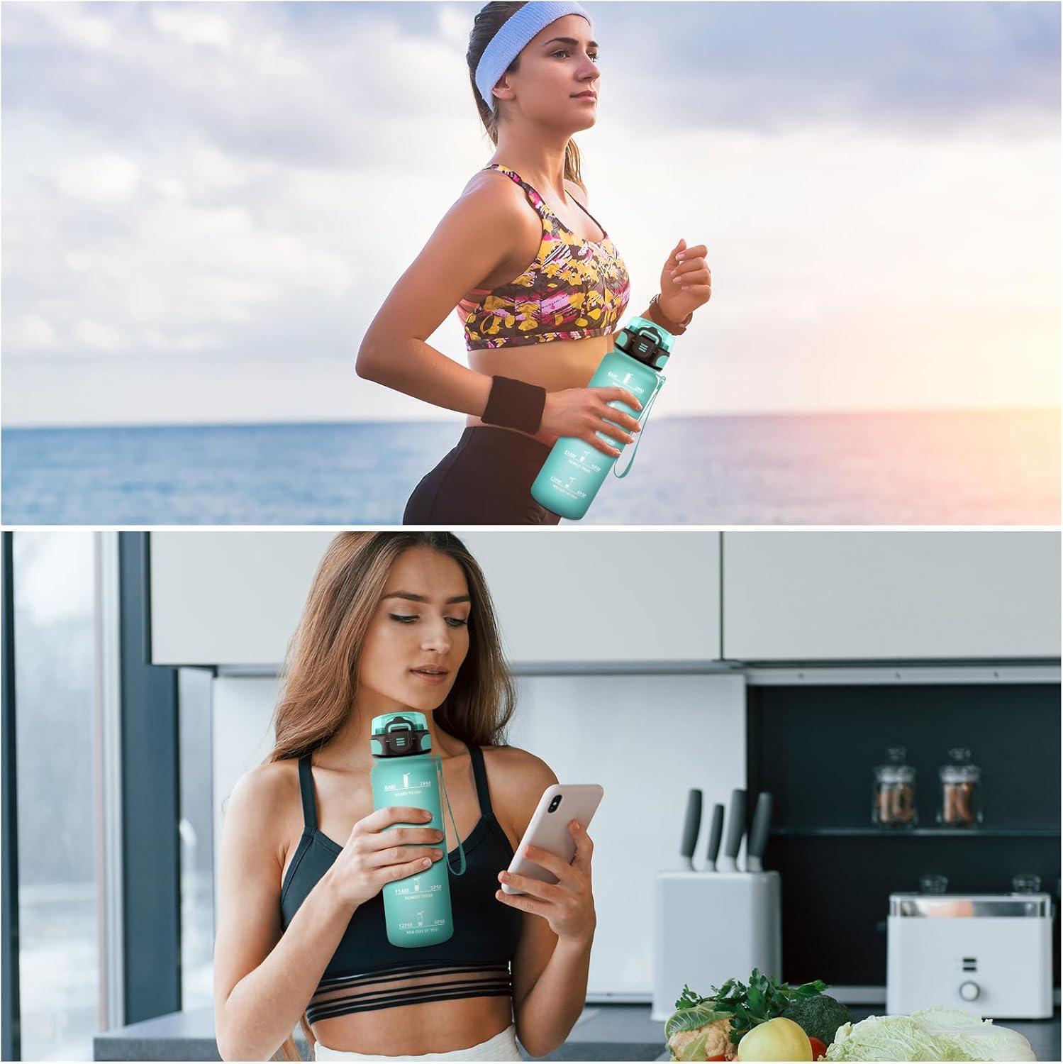 image:imageKollyKolla Bouteille 1L Gourde Sport avec Paille Gourde Grande Marqueur de Temps Reutilisable Bouteille deau tanche pour Running Fitness Yoga Bureau Gym32oz1000ml Paille Mat Bleuvert