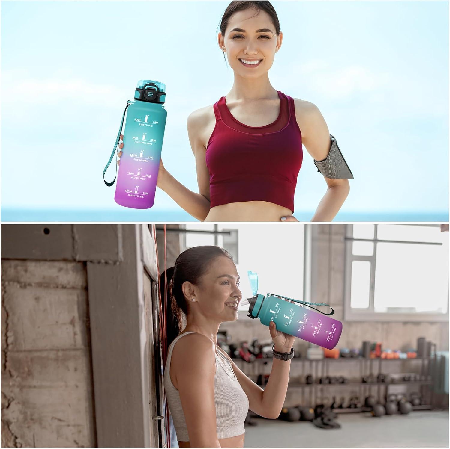 image:imageKollyKolla Bouteille 1L Gourde Sport avec Paille Gourde Grande Marqueur de Temps Reutilisable Bouteille deau tanche pour Running Fitness Yoga Bureau Gym50oz1500ml Paille Vert Rose Clair