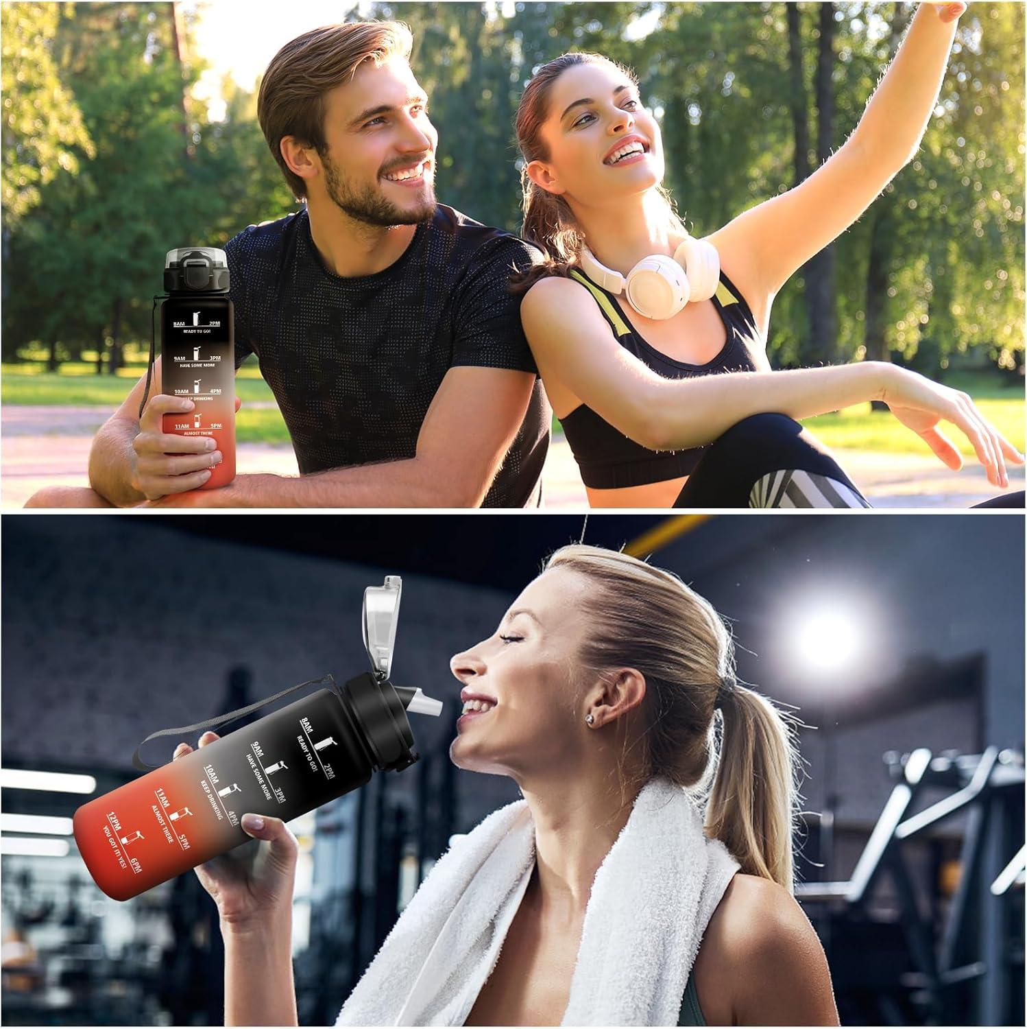 image:imageKollyKolla Bouteille 1L Gourde Sport avec Paille Gourde Grande Marqueur de Temps Reutilisable Bouteille deau tanche pour Running Fitness Yoga Bureau Gym32oz1000ml Paille Bleu Vert