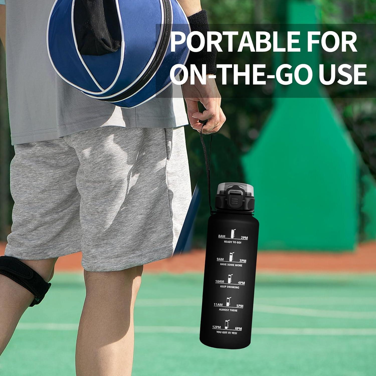 image:imageKollyKolla Bouteille 1L Gourde Sport avec Paille Gourde Grande Marqueur de Temps Reutilisable Bouteille deau tanche pour Running Fitness Yoga Bureau Gym50oz1500ml Paille Mat Noir