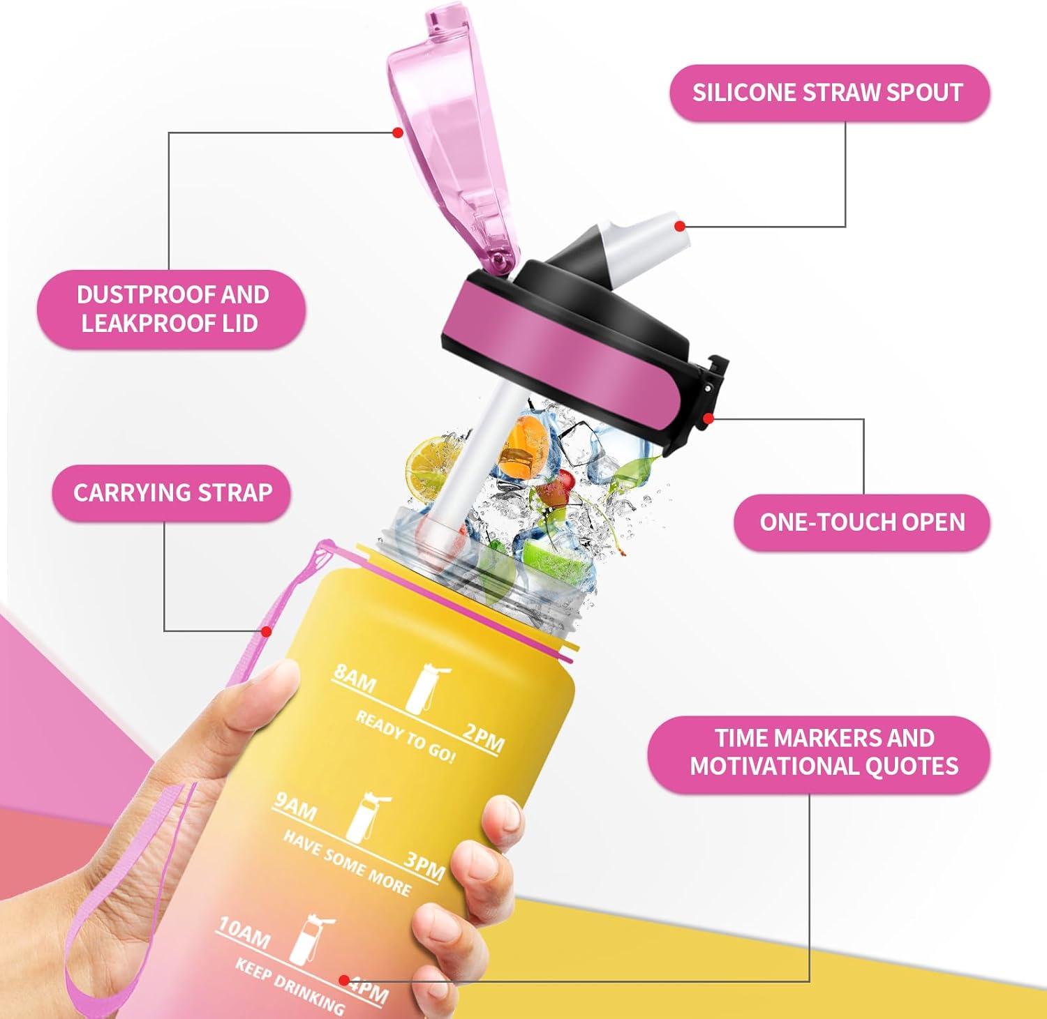 image:imageKollyKolla Bouteille 1L Gourde Sport avec Paille Gourde Grande Marqueur de Temps Reutilisable Bouteille deau tanche pour Running Fitness Yoga Bureau Gym32oz1000ml Paille Jaune Rose