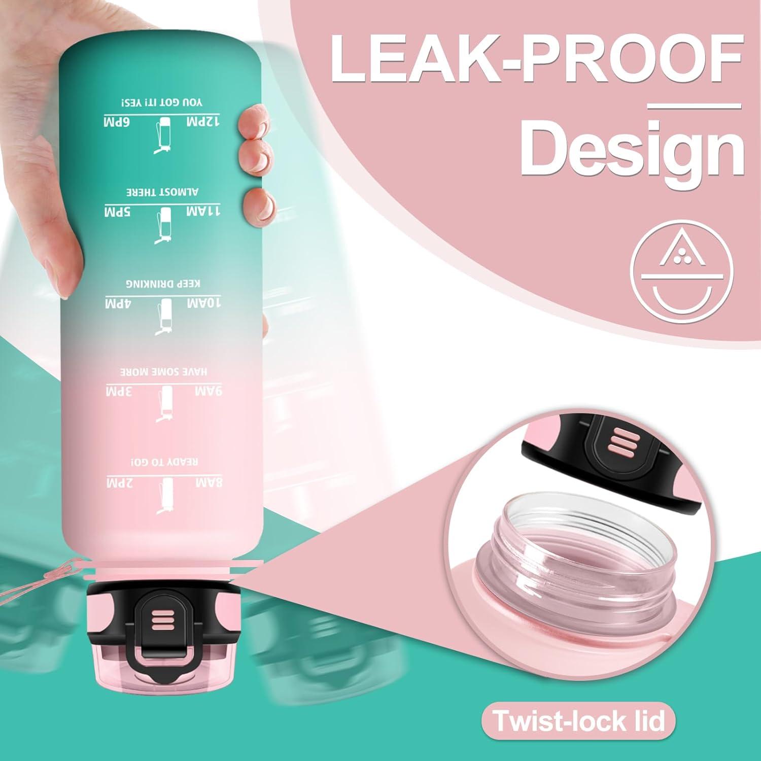 image:imageKollyKolla Bouteille 1L Gourde Sport avec Paille Gourde Grande Marqueur de Temps Reutilisable Bouteille deau tanche pour Running Fitness Yoga Bureau Gym50oz1500ml Paille Rose Cyan