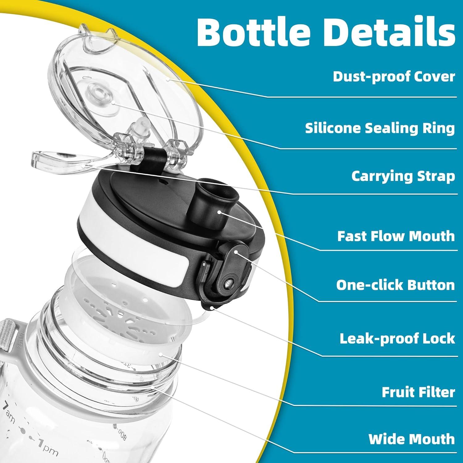 image:imageOLDLEY 1L32oz Bouteille deau Sport Bouteille deau Motivante Boissons Bouteille avec Marquages lheure Antifuite et Couvercle de Verrouillage Sans BPA pour Enfants Adultes Gym cole