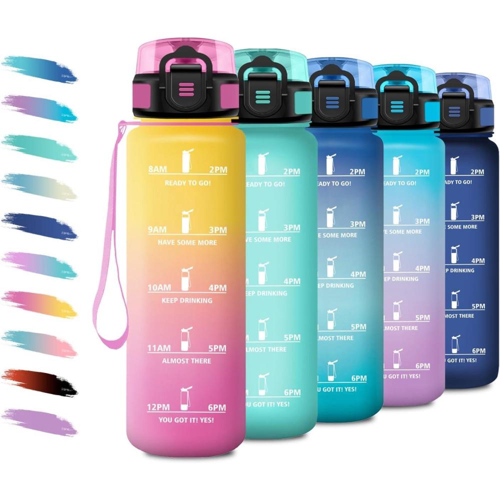 image:imageBouteille deau Sport 1L Gourde Marqueur de Temps Gourde Motivation avec Filtre Bouteille deau AntiFuite Reutilisable pour Randonne Cyclisme Bureau Extrieur Camping Voyage Fitness17oz500ml  Jaune  Rose