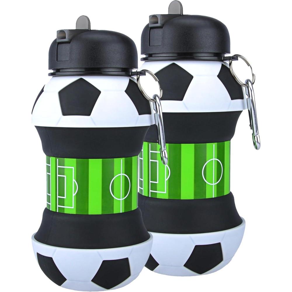 image:imageBouteille deau pliable pour garons et filles sans BPA Gourde de camping pour enfants Personnalisable avec votre sport Ballon deau compact pour cadeau original footballFootball 2 units