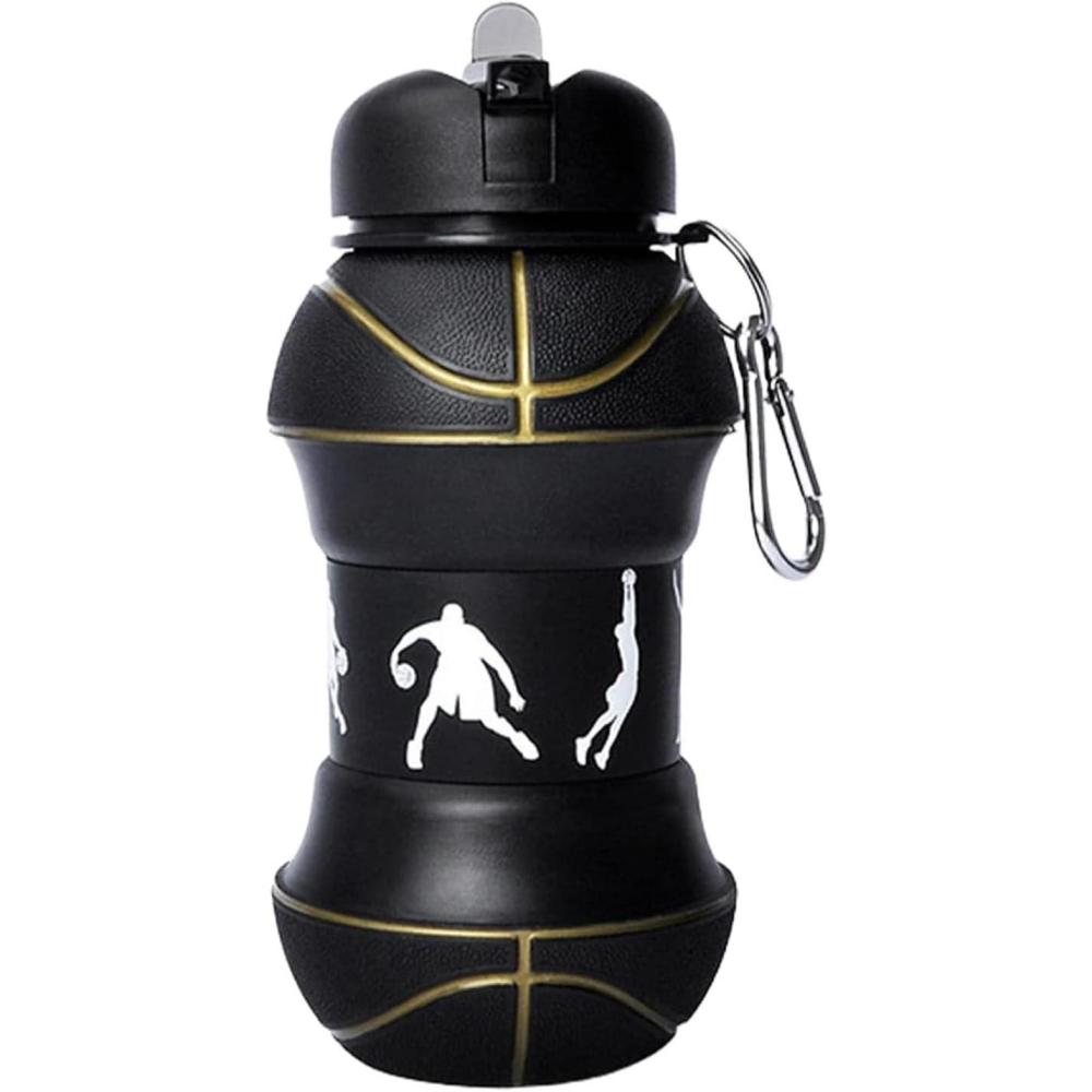 image:imageBouteille deau pliable pour garons et filles sans BPA  Gourde de camping pour enfants  Personnalisable avec votre sport  Ballon deau compact pour cadeau original footballBasquet noir