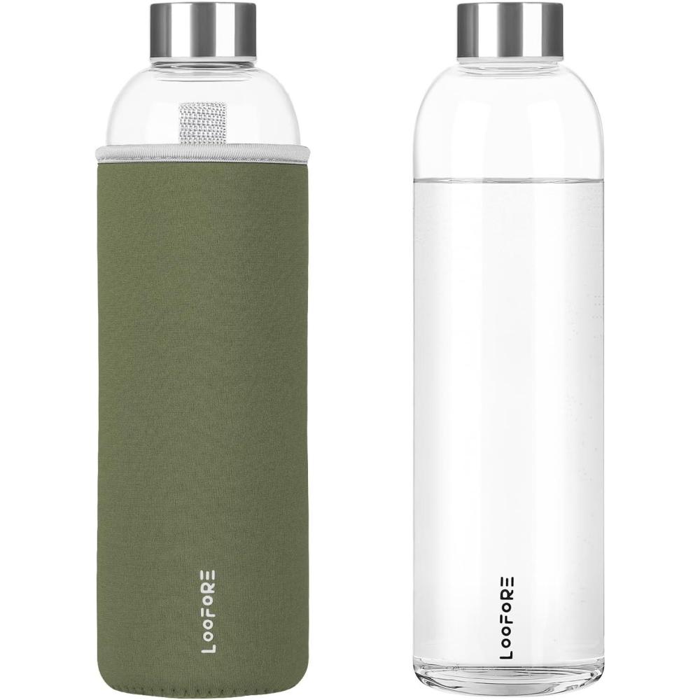 image:imageBouteille en Verre 1 litre 1000ml Sans BPA antifuite Gourde Reutilisable en Borosilicate Bouteille deau en Verre pour Bureau Sport Camping Enfants et les AdultesVert Olive