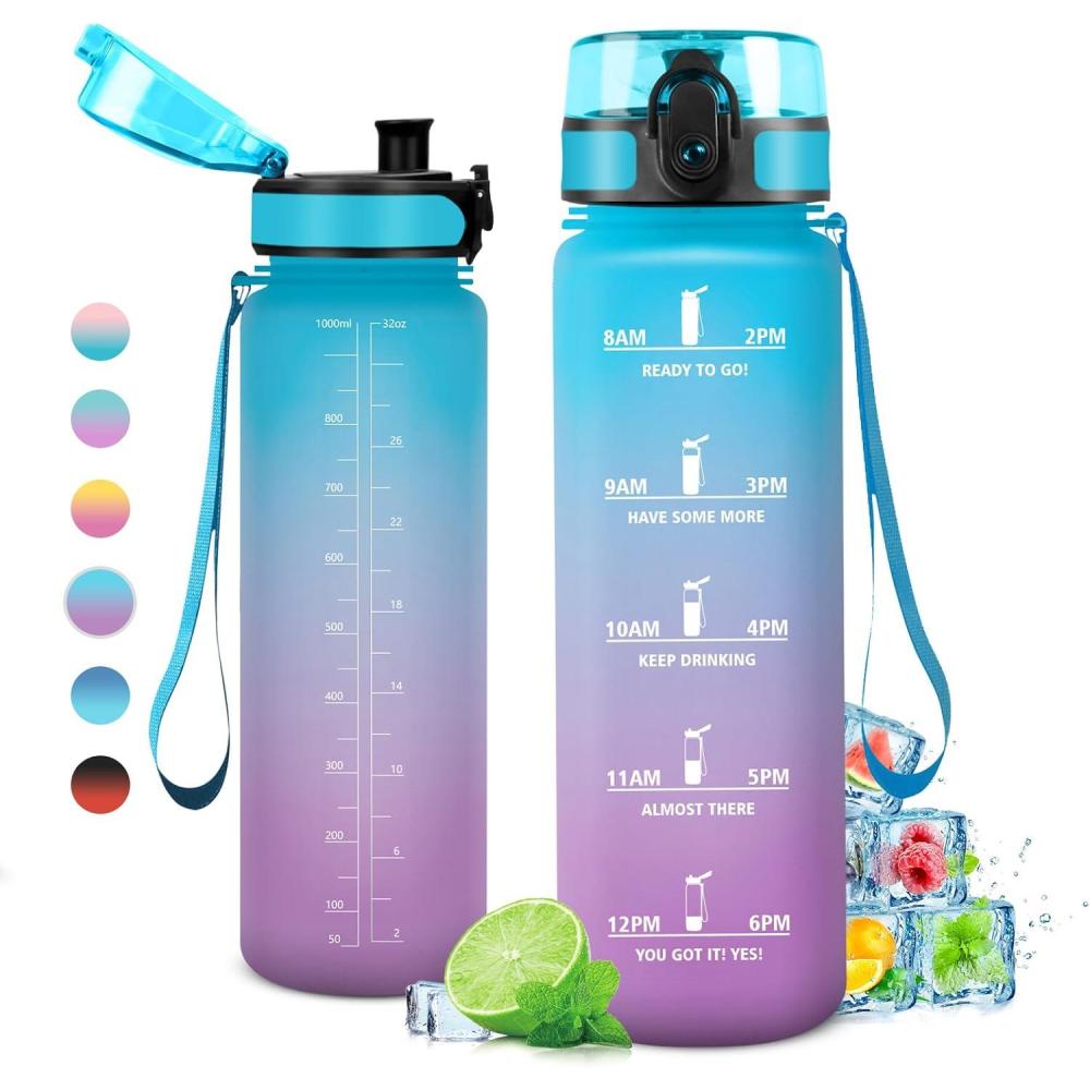 image:imageGourde Sport 1L tanche et Rutilisable Gourde Bouteille deau 1 Litre avec Marqueur de Temps et Filtre Bouteille pour Adulte lcole Cyclisme Voyage Camping Fitness Yoga Bureau Gym32oz1000ml Bleu Lilas