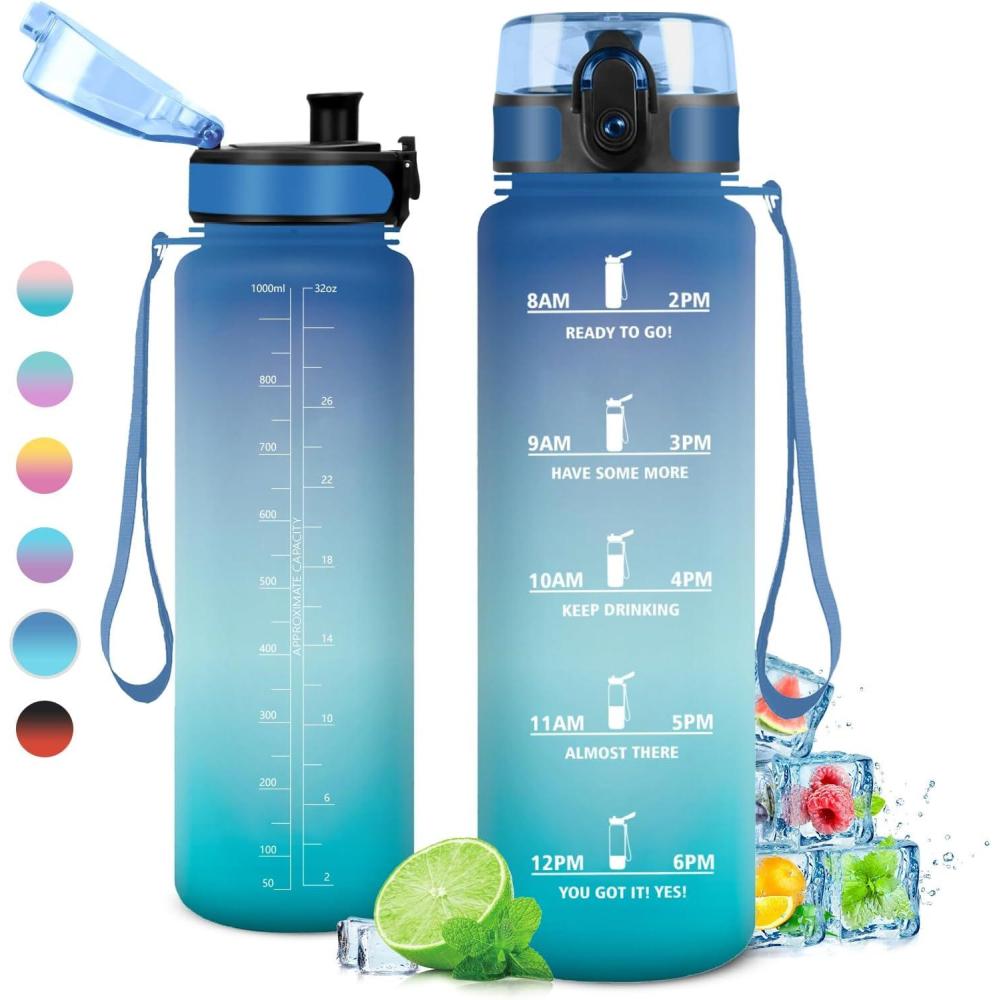 image:imageGourde Sport 1L tanche et Rutilisable Gourde Bouteille deau 1 Litre avec Marqueur de Temps et Filtre Bouteille pour Adulte lcole Cyclisme Voyage Camping Fitness Yoga Bureau Gym32oz1000ml Bleu Vert