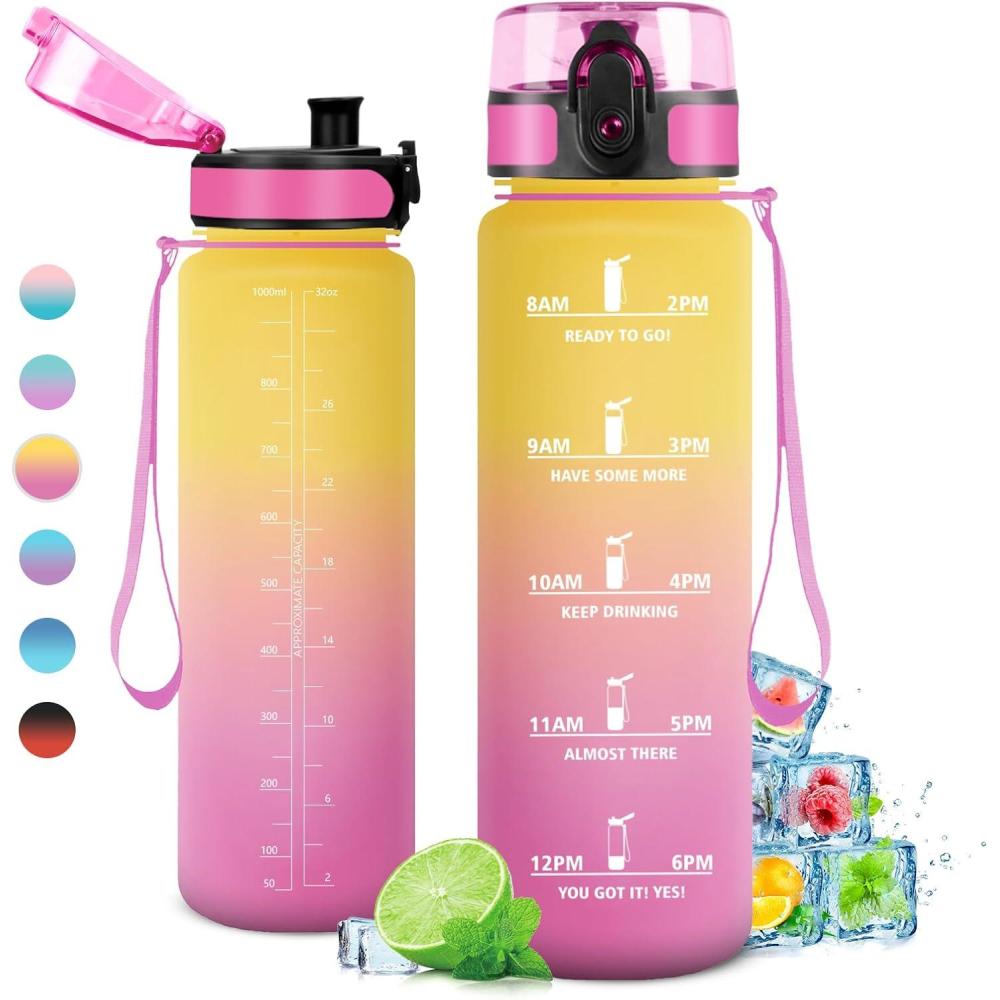 image:imageGourde Sport 1L tanche et Rutilisable Gourde Bouteille deau 1 Litre avec Marqueur de Temps et Filtre Bouteille pour Adulte lcole Cyclisme Voyage Camping Fitness Yoga Bureau Gym32oz1000ml Jaune Rose