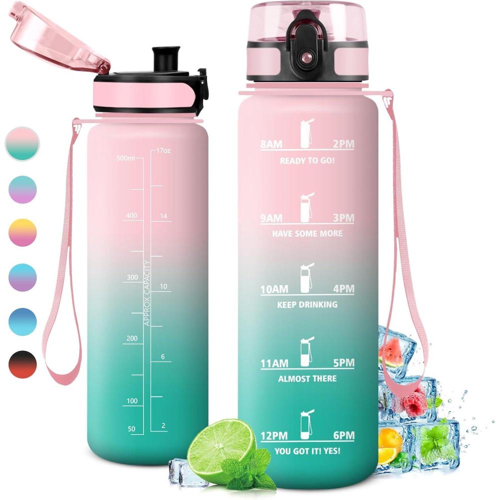 image:imageGourde Sport 1L tanche et Rutilisable Gourde Bouteille deau 1 Litre avec Marqueur de Temps et Filtre Bouteille pour Adulte lcole Cyclisme Voyage Camping Fitness Yoga Bureau Gym32oz1000ml Rose Cyan