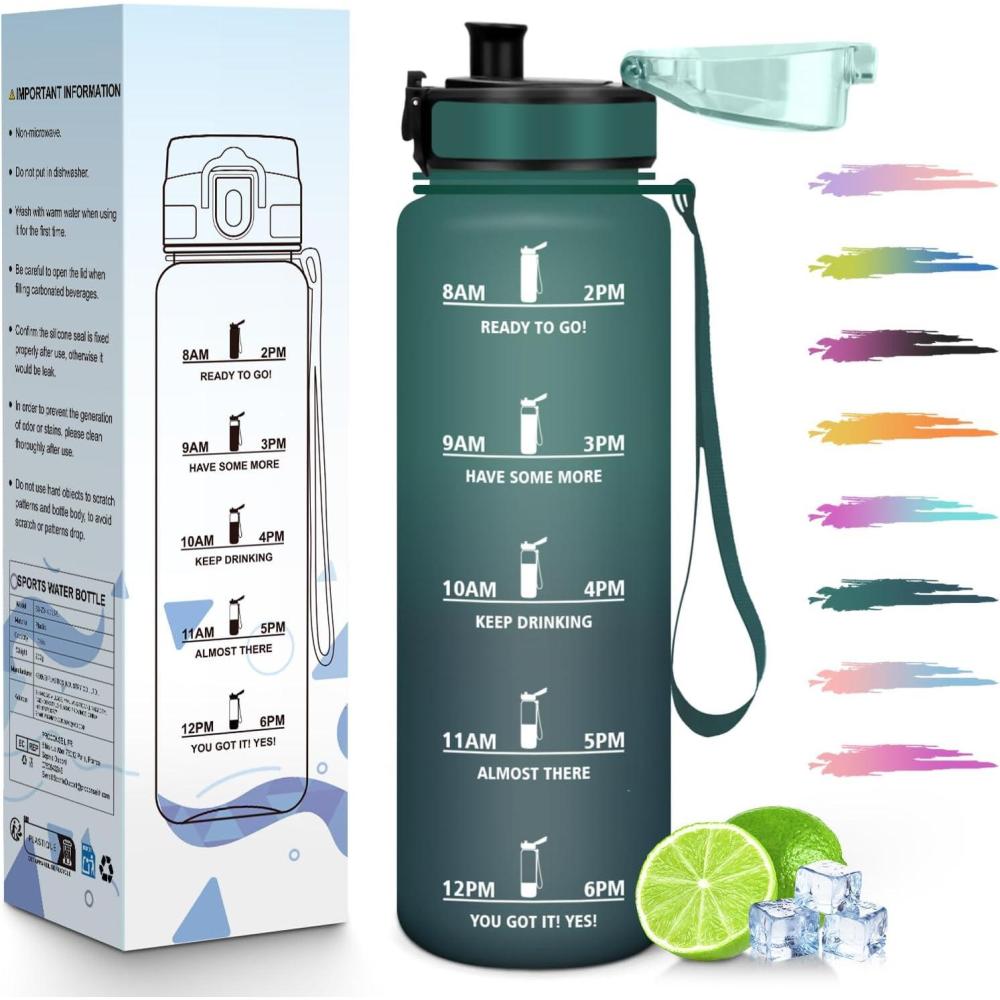 image:imageHoneyHolly Gourde 1L Rutilisable Water Bottle Sport Marqueur Horaire Bouteille tanche Portable Gourde Gradue pour Salle de Sport Vlo Bureau Extrieur cole Bouteille Eau Water BottleVert Gris 1000ml