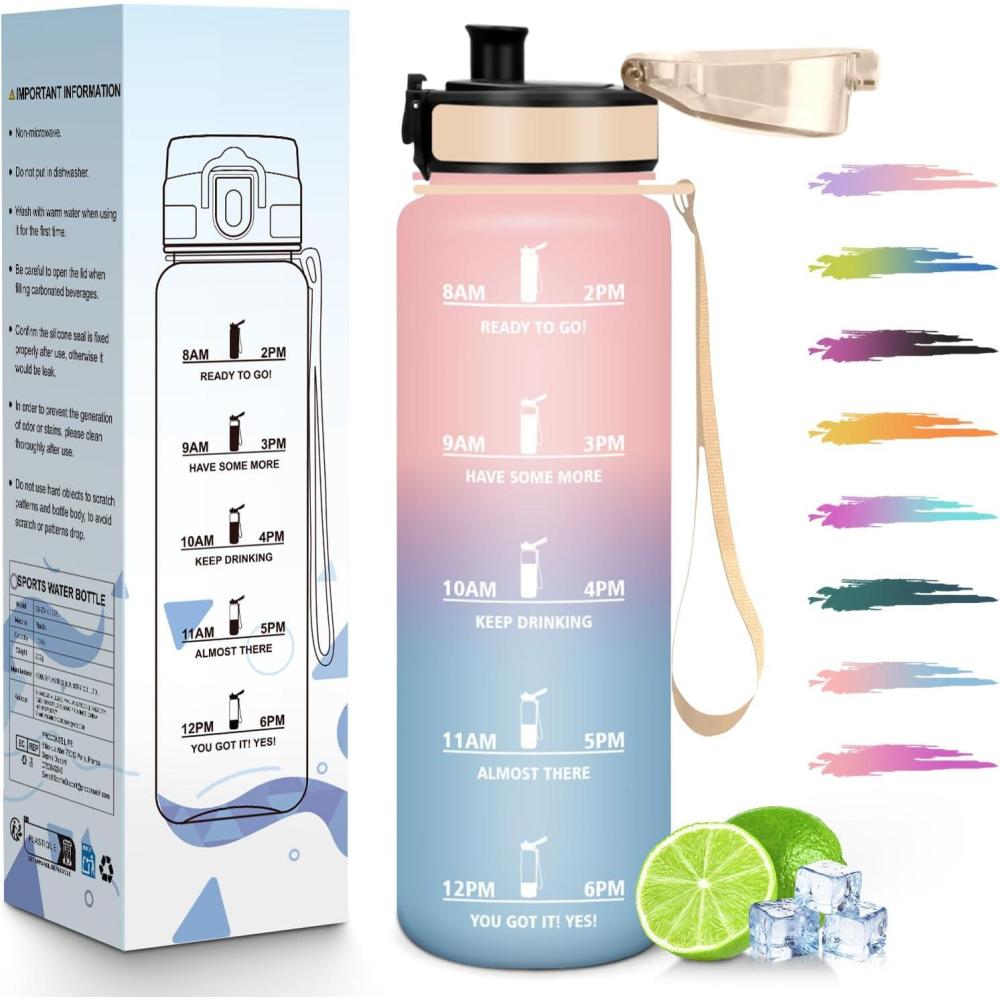 image:imageHoneyHolly Gourde 1L Rutilisable Water Bottle Sport Marqueur Horaire Bouteille tanche Portable Gourde Gradue pour Salle de Sport Vlo Bureau Extrieur cole Bouteille Eau Water BottleRose Ciel 1000ml