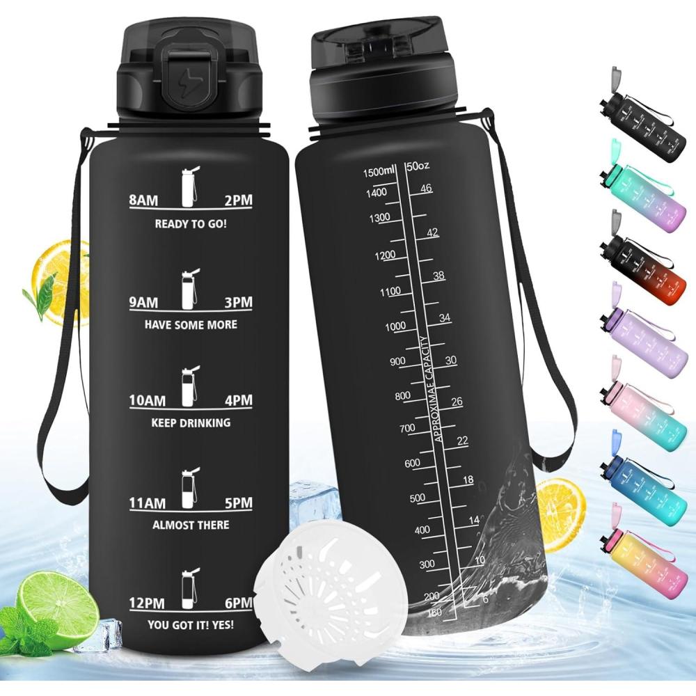 image:imageHoneyHolly Gourde 1L Rutilisable Water Bottle Sport Marqueur Horaire Bouteille tanche Portable Gourde Gradue pour Salle de Sport Vlo Bureau Extrieur cole Bouteille Eau Water BottleNoir 1500ml