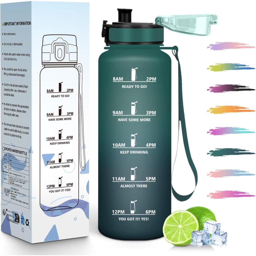 image:imageHoneyHolly Gourde 1L Rutilisable Water Bottle Sport Marqueur Horaire Bouteille tanche Portable Gourde Gradue pour Salle de Sport Vlo Bureau Extrieur cole Bouteille Eau Water BottleVert Gris 1500ml