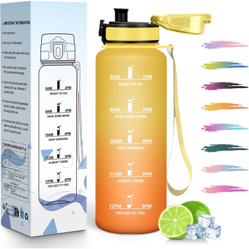 image:imageHoneyHolly Gourde 1L Rutilisable Water Bottle Sport Marqueur Horaire Bouteille tanche Portable Gourde Gradue pour Salle de Sport Vlo Bureau Extrieur cole Bouteille Eau Water BottleAmbre Orange 1500ml