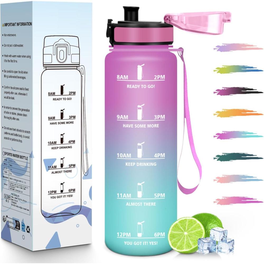 image:imageHoneyHolly Gourde 1L Rutilisable Water Bottle Sport Marqueur Horaire Bouteille tanche Portable Gourde Gradue pour Salle de Sport Vlo Bureau Extrieur cole Bouteille Eau Water BottleRose Cyan 1000ml