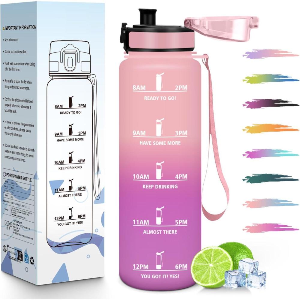 image:imageHoneyHolly Gourde 1L Rutilisable Water Bottle Sport Marqueur Horaire Bouteille tanche Portable Gourde Gradue pour Salle de Sport Vlo Bureau Extrieur cole Bouteille Eau Water BottleRose Rose 1000ml