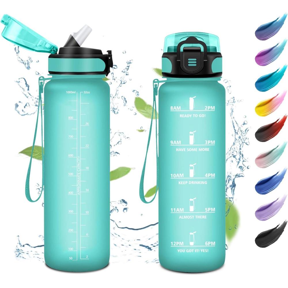 image:imageKollyKolla Bouteille 1L Gourde Sport avec Paille Gourde Grande Marqueur de Temps Reutilisable Bouteille deau tanche pour Running Fitness Yoga Bureau Gym32oz1000ml  Paille  Mat Bleuvert