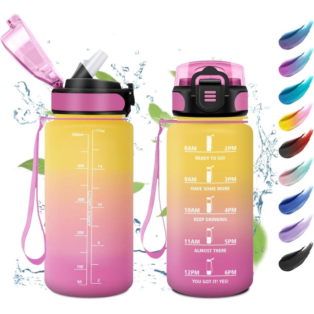 image:imageKollyKolla Bouteille 1L Gourde Sport avec Paille Gourde Grande Marqueur de Temps Reutilisable Bouteille deau tanche pour Running Fitness Yoga Bureau Gym17oz500ml  Paille  Jaune  Rose