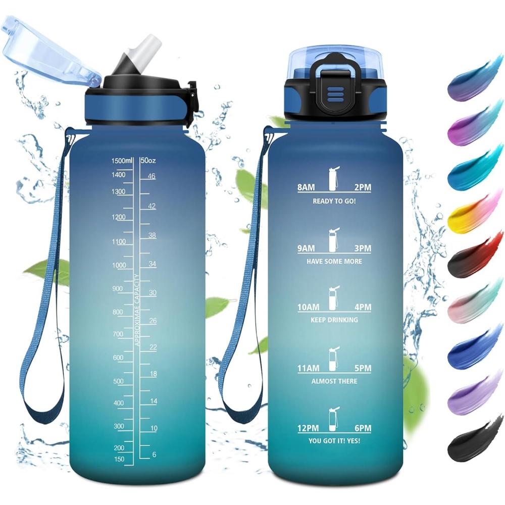 image:imageKollyKolla Bouteille 1L Gourde Sport avec Paille Gourde Grande Marqueur de Temps Reutilisable Bouteille deau tanche pour Running Fitness Yoga Bureau Gym50oz1500ml  Paille  Bleu  Vert