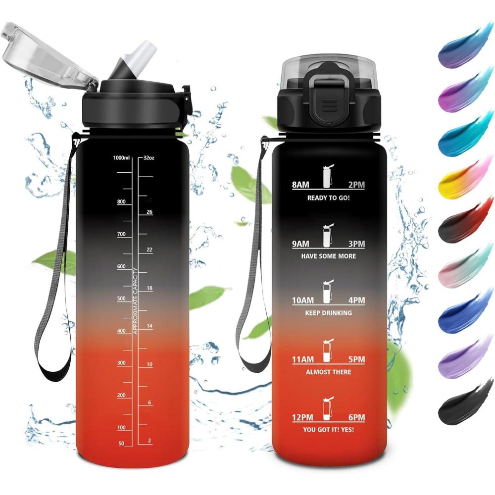 image:imageKollyKolla Bouteille 1L Gourde Sport avec Paille Gourde Grande Marqueur de Temps Reutilisable Bouteille deau tanche pour Running Fitness Yoga Bureau Gym32oz1000ml Paille Bleu Vert