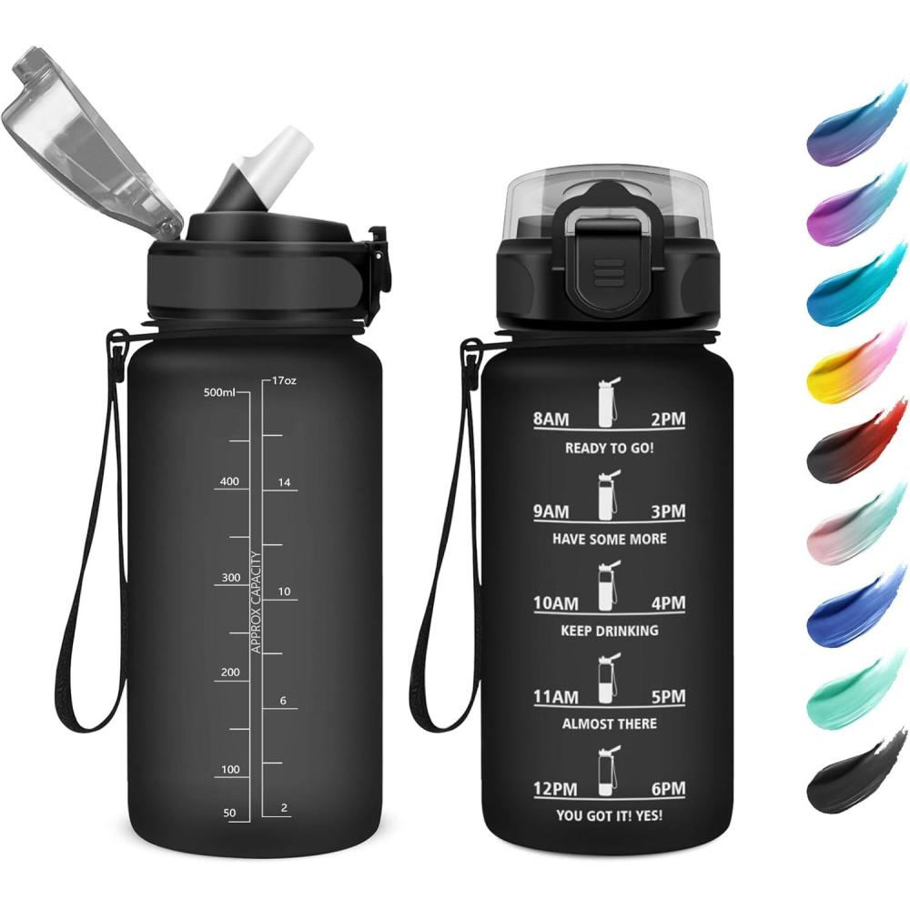 image:imageKollyKolla Bouteille 1L Gourde Sport avec Paille Gourde Grande Marqueur de Temps Reutilisable Bouteille deau tanche pour Running Fitness Yoga Bureau Gym17oz500ml  Paille  Mat Noir