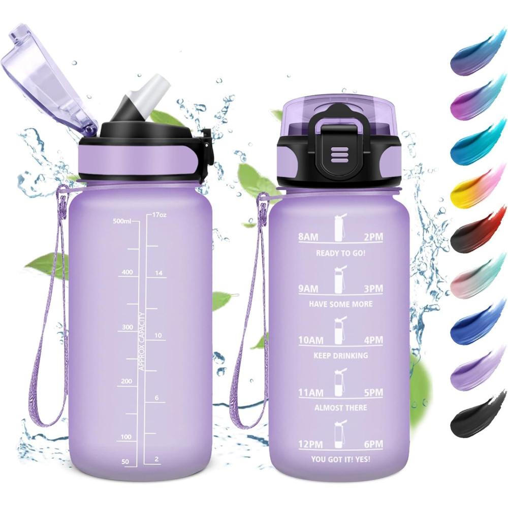 image:imageKollyKolla Bouteille 1L Gourde Sport avec Paille Gourde Grande Marqueur de Temps Reutilisable Bouteille deau tanche pour Running Fitness Yoga Bureau Gym17oz500ml  Paille  Mat Violet Clair