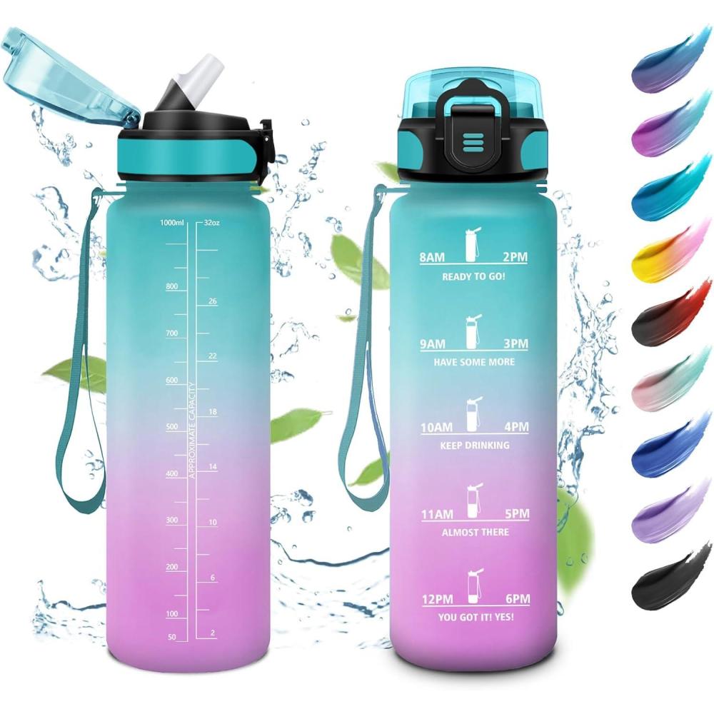image:imageKollyKolla Bouteille 1L Gourde Sport avec Paille Gourde Grande Marqueur de Temps Reutilisable Bouteille deau tanche pour Running Fitness Yoga Bureau Gym32oz1000ml  Paille  Vert  Rose Clair