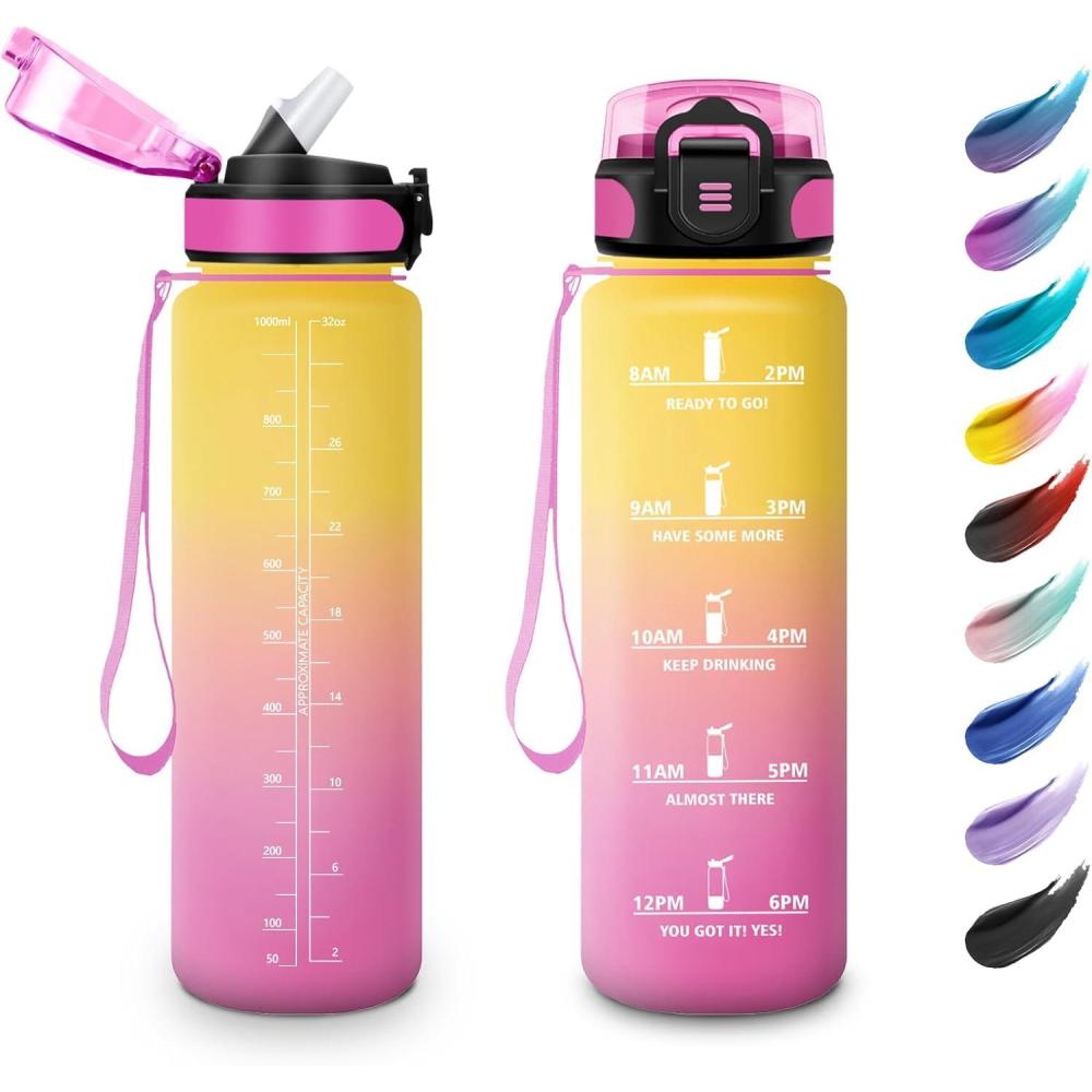 image:imageKollyKolla Bouteille 1L Gourde Sport avec Paille Gourde Grande Marqueur de Temps Reutilisable Bouteille deau tanche pour Running Fitness Yoga Bureau Gym32oz1000ml Paille Jaune Rose