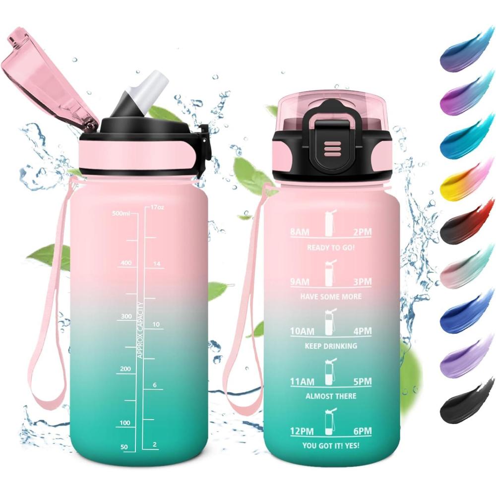 image:imageKollyKolla Bouteille 1L Gourde Sport avec Paille Gourde Grande Marqueur de Temps Reutilisable Bouteille deau tanche pour Running Fitness Yoga Bureau Gym17oz500ml  Paille  Rose  Cyan