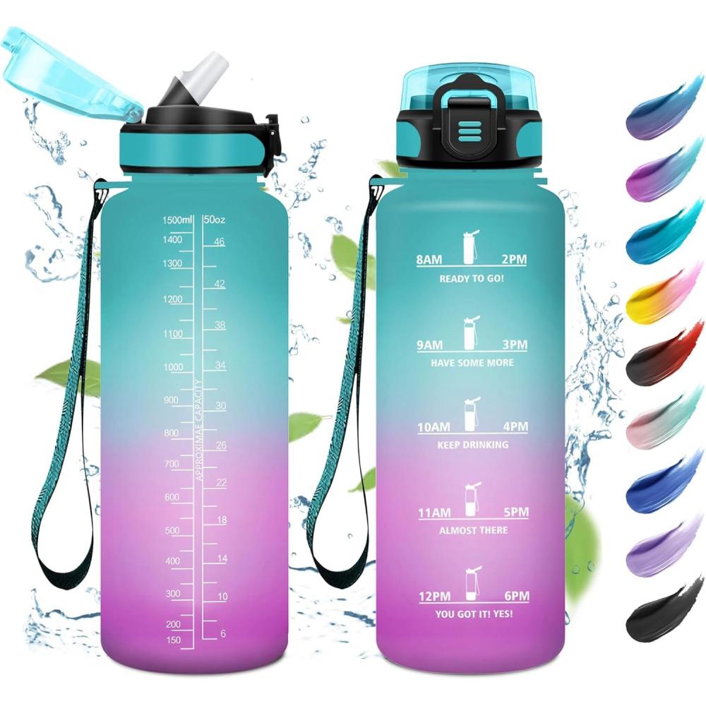 image:imageKollyKolla Bouteille 1L Gourde Sport avec Paille Gourde Grande Marqueur de Temps Reutilisable Bouteille deau tanche pour Running Fitness Yoga Bureau Gym50oz1500ml  Paille  Vert  Rose Clair