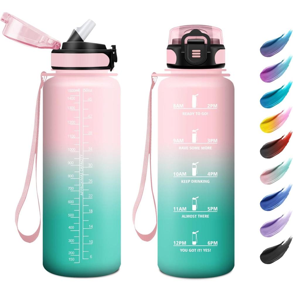 image:imageKollyKolla Bouteille 1L Gourde Sport avec Paille Gourde Grande Marqueur de Temps Reutilisable Bouteille deau tanche pour Running Fitness Yoga Bureau Gym50oz1500ml Paille Rose Cyan