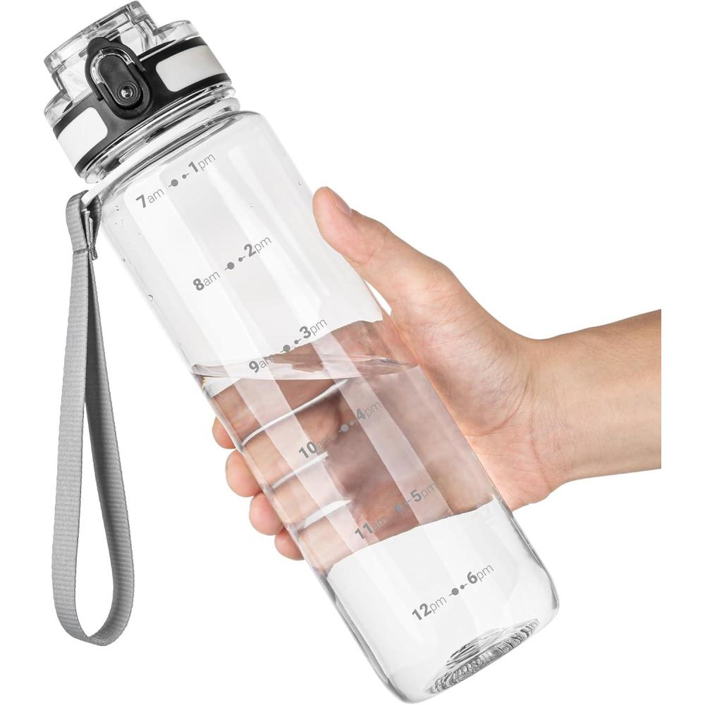 image:imageOLDLEY 1L32oz Bouteille deau Sport Bouteille deau Motivante Boissons Bouteille avec Marquages lheure Antifuite et Couvercle de Verrouillage Sans BPA pour Enfants Adultes Gym cole