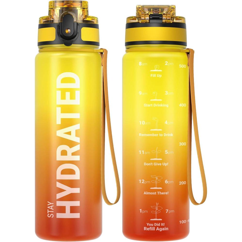 image:imageSahara Sailor Bouteille deau Gourde Sport 1L500ML750ML avec Marqueur de Temps de Motivation sans BPA tanche ampamp Rutilisable pour Sport Camping 1 BouteilleFeu