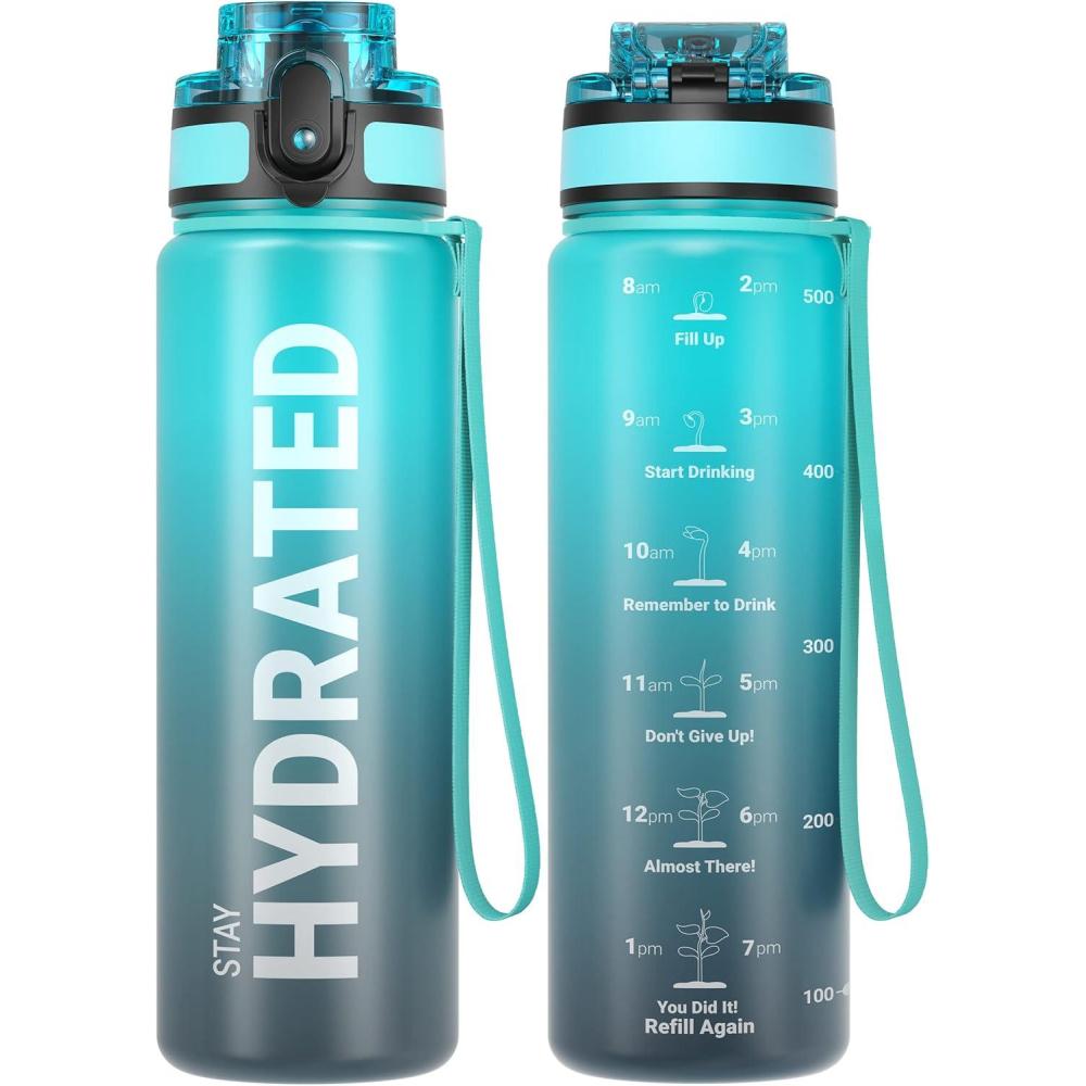 image:imageSahara Sailor Bouteille deau Gourde Sport 1L500ML750ML avec Marqueur de Temps de Motivation sans BPA tanche ampamp Rutilisable pour Sport Camping 1 BouteilleVagues Bleues