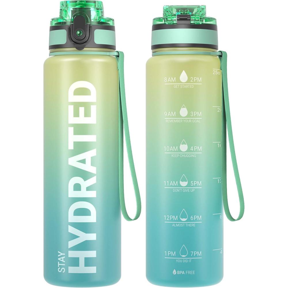 image:imageSahara Sailor Bouteille deau Gourde Sport 1L500ML750ML avec Marqueur de Temps de Motivation sans BPA tanche ampamp Rutilisable pour Sport Camping 1 BouteilleBmenthe Verte