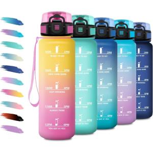 Bouteille d&rsquo;eau Sport 1L, Gourde Marqueur de Temps, Gourde Motivation avec Filtre, Bouteille d&rsquo;eau Anti-Fuite, Reutilisable pour Randonnée, Cyclisme, Bureau, Extérieur, Camping, Voyage, Fitness(32oz-1000ml | Jaune + Rose)