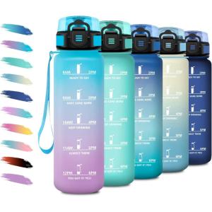 Bouteille d&rsquo;eau Sport 1L, Gourde Marqueur de Temps, Gourde Motivation avec Filtre, Bouteille d&rsquo;eau Anti-Fuite, Reutilisable pour Randonnée, Cyclisme, Bureau, Extérieur, Camping, Voyage, Fitness(32oz-1000ml | Bleu + Lilas)