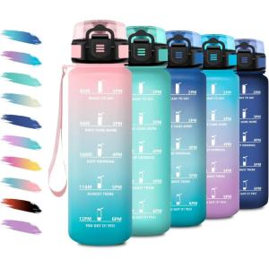 Bouteille d&rsquo;eau Sport 1L, Gourde Marqueur de Temps, Gourde Motivation avec Filtre, Bouteille d&rsquo;eau Anti-Fuite, Reutilisable pour Randonnée, Cyclisme, Bureau, Extérieur, Camping, Voyage, Fitness(17oz-500ml | Rose + Cyan)