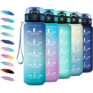 Bouteille d&rsquo;eau Sport 1L, Gourde Marqueur de Temps, Gourde Motivation avec Filtre, Bouteille d&rsquo;eau Anti-Fuite, Reutilisable pour Randonnée, Cyclisme, Bureau, Extérieur, Camping, Voyage, Fitness(32oz-1000ml | Bleu + Vert)