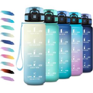 Bouteille d&rsquo;eau Sport 1L, Gourde Marqueur de Temps, Gourde Motivation avec Filtre, Bouteille d&rsquo;eau Anti-Fuite, Reutilisable pour Randonnée, Cyclisme, Bureau, Extérieur, Camping, Voyage, Fitness(17oz-500ml | Crème + Bleu Clair)