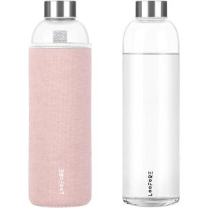 Bouteille en Verre 1 litre 1000ml, Sans BPA, anti-fuite, Gourde Reutilisable en Borosilicate, Bouteille d&rsquo;eau en Verre pour Bureau, Sport, Camping, Enfants et les Adultes(Rose)