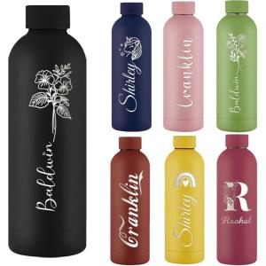 Gourde Personnalisée de 500 ml Bouteille d&rsquo;Eau Gravée Avec Nom Logo, Gourde Isotherme Personnalisable Pour l&rsquo;École Le Bureau Et Le Sport(Noir)